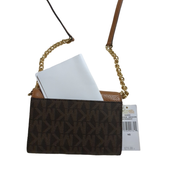 *New*Michael Kors Monogram Black & Tan Leather Crossbody Purse - Picture 7 of 16